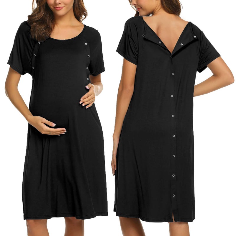 Ekouaer Womens, Nightgown Nightshirt, Short sleeve, Labor & Delivery Maternity button down nursing Gown for breastfeeding, Black, Large - Image 1
